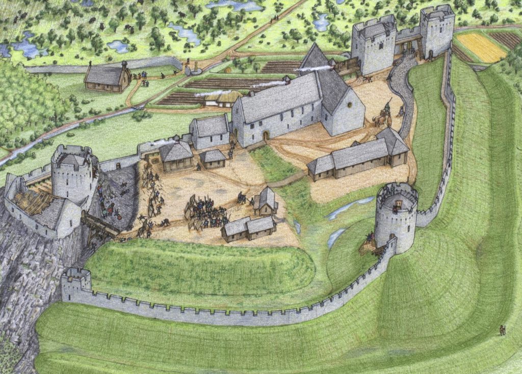 Aerial drawing of 12th century stone buildings within castle boundary walls